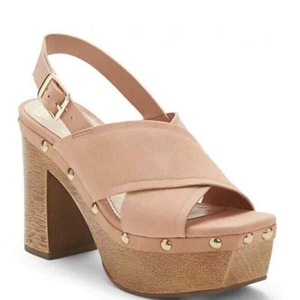 Vince Camuto Platform Wood Clogs 8.5 Studded Vacation 70s Boho Hippie Tan Jenvya